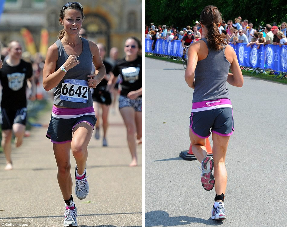 Pippa Middleton approaches the finish line during the GE Blenheim Triathlon at Blenheim Palace